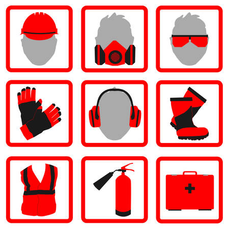 Occupational Safety and Health vector icons and signs set. Protective helmet goggles, footwear, and respirator from radiation, chemical, and bio dangerous.のイラスト素材