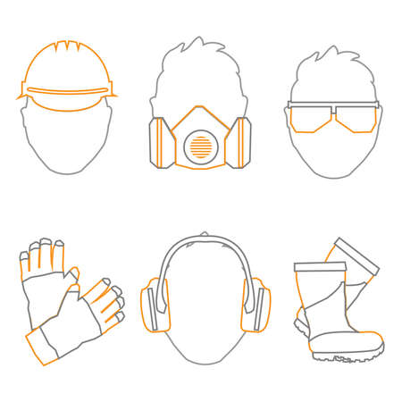 Occupational Safety and Health vector icons and signs set. Protective helmet goggles, footwear, and respirator from radiation, chemical, and bio dangerous.のイラスト素材