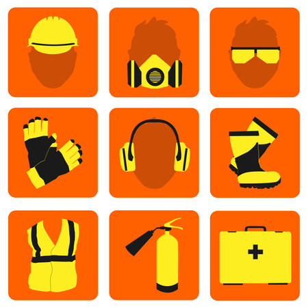 Occupational Safety and Health vector icons and signs set. Protective helmet goggles, footwear, and respirator from radiation, chemical, and bio dangerous.のイラスト素材