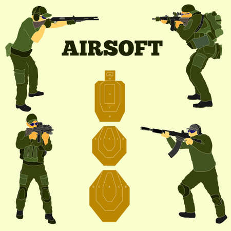 Armed airsoft shooter military in tactical equipment preparing to train with an automatic rifle. Will be used as branding logo, web element, poster, postcard.のイラスト素材