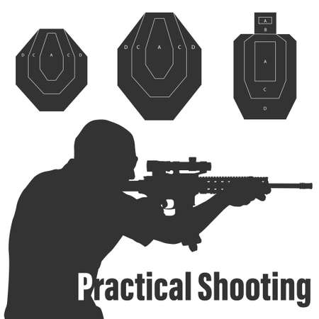 Practical shooting man aiming the rifle at the firing range and three kinds of rifle targets. Will be perfect for logo, banner, poster, postcard.のイラスト素材