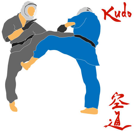 Kudo martial arts fighters are fighting vector art with hieroglyph. Will be perfect to use as a banner, postcard, poster.のイラスト素材