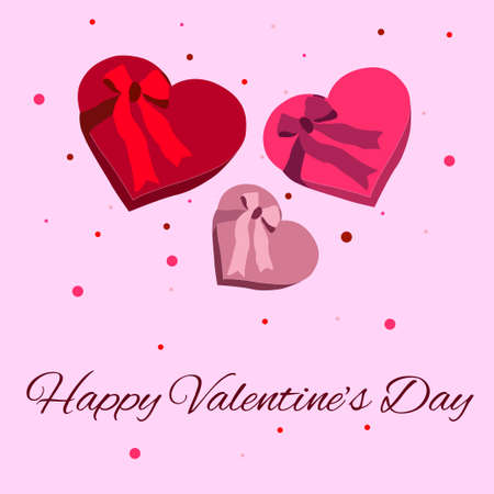 Colorful vector postcard with hearts, gift box, and ribbons with nice Happy Valentine's Day wishes to letter. Will be perfect to use as postcard, banner, we element.のイラスト素材