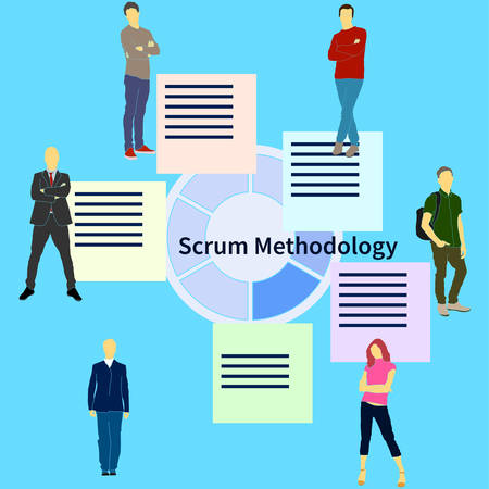 Scrum team project development method process with sprint time and product release flat vector illustration. Will be use for banner, poster, web designのイラスト素材