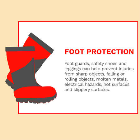 Occupational Safety and Health vector icons and signs set. Protective helmet goggles, footwear, and respirator from radiation, chemical, and bio dangerous.のイラスト素材