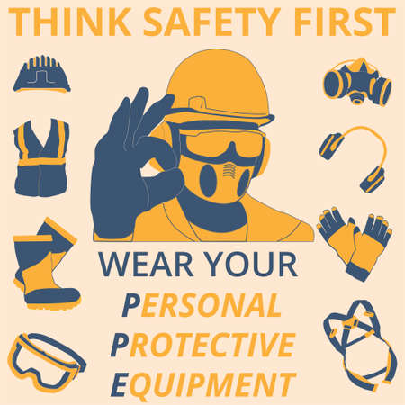 Personal Protective Equipment and Wear set. Will be use for Occupational Safety and Health poster, sign and postcardのイラスト素材
