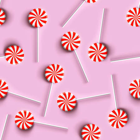 Seamless texture of red and white lollipops on a pink background. Located randomly. 3D rendering and 3D illustration.の写真素材