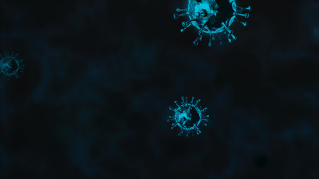 Particles of coronavirus infection on a dark blue background. 3D rendering.