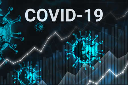 Graph of the growth of coronavirus infection on a blue background. Close-up of COVID-19 virus. 3D rendering.の写真素材