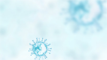 Coronavirus infection under a microscope on a blurred blue background. Pandemic COVID-19. 3D...