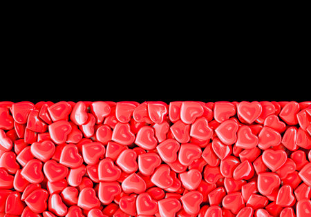 A rectangle of red hearts on a black background. Valentines Day. Black background. 3D rendering.