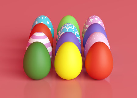 Decorated eggs on a pink background. Easter holiday. 3D rendering.