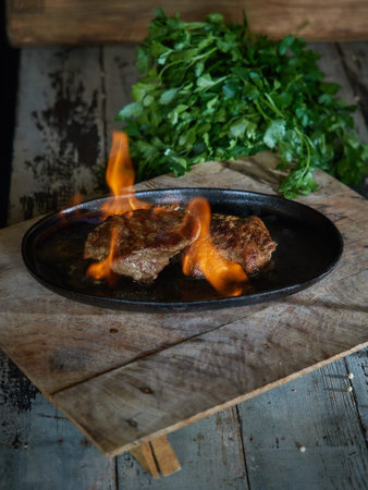 A portion of grilled beef is served on a tray and set on fire.の写真素材