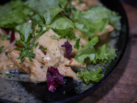 Slices of chopped meat are roasted over the fire and poured with white sauce and sprinkled with fresh herbs.の写真素材