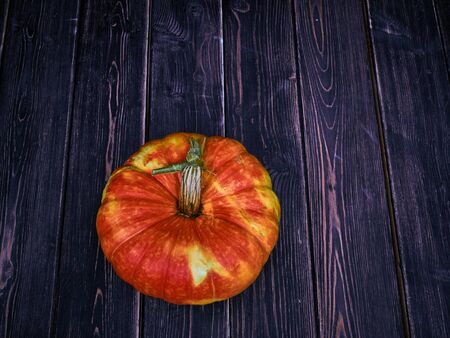 A very juicy and very multi-color beautiful pumpkin is photographed with good lighting on the background of a wooden floor and a natural piece of linen material.の写真素材