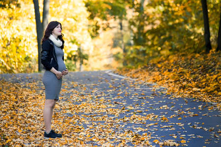 young pregnant girl walks in autumn forestの写真素材