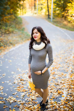 Happy smiling young pregnant girl walks in autumn forestの写真素材