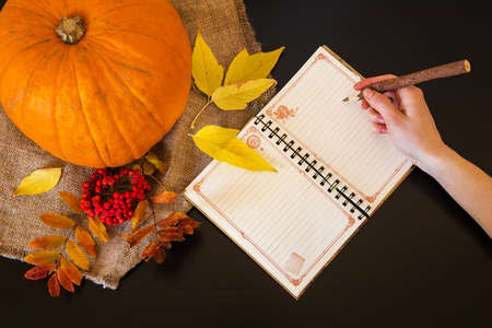 Autumn composition of notebook woman's hand with a pen among rowan berries, pumpkins, candles and colorful leaves on the cloth of burlap on white and black backgroundの写真素材