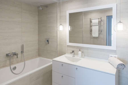 bathroom Interior. bathroom mirror with a Stand Mirror tableの写真素材