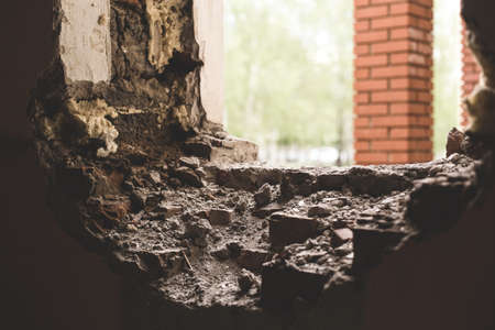 Interior of a destroyed building. Abandoned atmosphereの写真素材