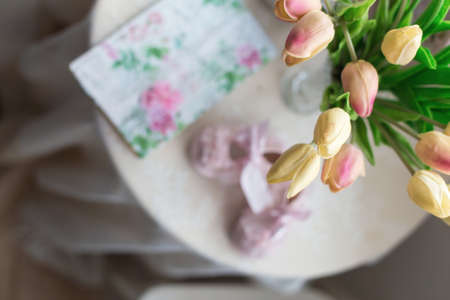 flowers tulips on the table. View from aboveの写真素材