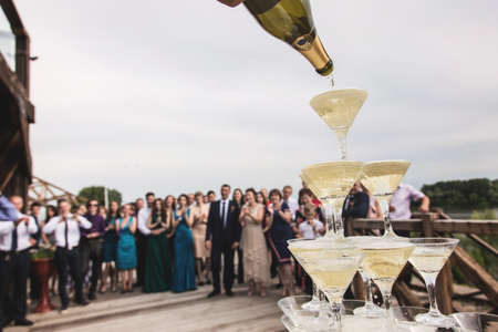 Glasses of champagne at a gala reception at restourantの写真素材
