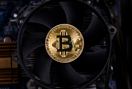 gold coin bitcoin on the motherboard among computer componentsの写真素材