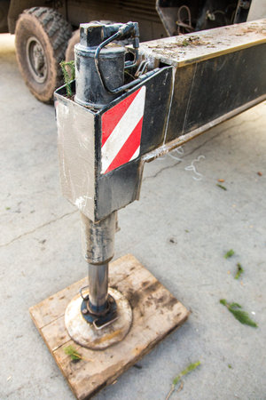 hydraulics crane support. hydraulics crane support is on gravel.の写真素材