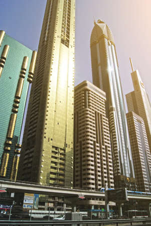 Dubai, UAE, novemner 1, 2017: Skyscrapers in the financial district. Skyscrapers at blue sky background. Business, financial, real estate background.のeditorial素材
