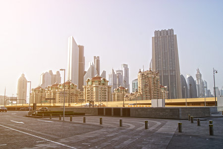 DUBAI, UNITED ARAB EMIRATES - November 3, 2017: Dubai skyline surrounded by luxury skyscrapers.のeditorial素材