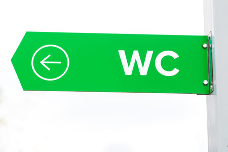 pointer to a public toilet. Green signboard arrow on a light background,