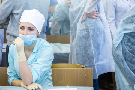 Ufa, Russia December 10, 2017: International Medical Olympiad for Surgery. Students practice and compete in open-heart surgeryのeditorial素材