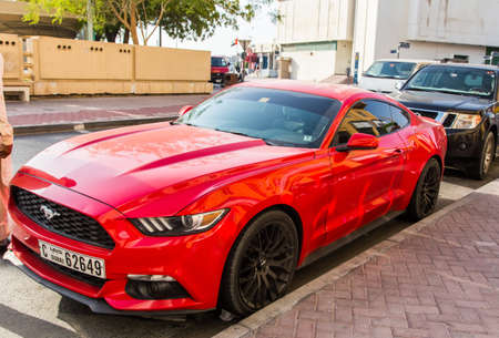 Dubai, UAE February 14, 2018: Red Ford Mustang in the parking lotのeditorial素材
