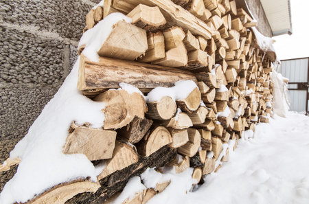 A stack of firewood near the wall in the backyard on a winter day.