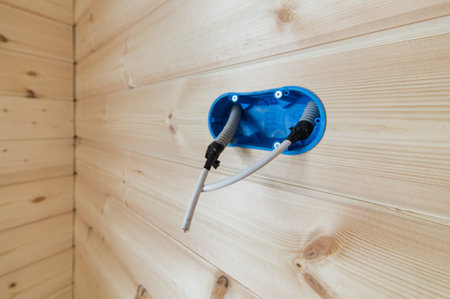 A blue hood in the wall for an outlet or switch with a protruding insulated wire. Electric wiring in...