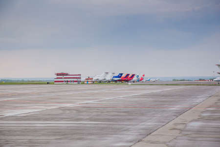 Ufa, Russia. May 19, 2018: Several airplanes in the parking at the airportのeditorial素材