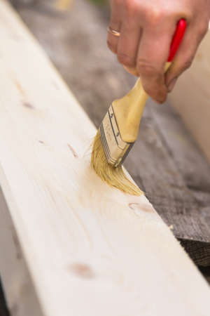 Female hand with a brush paints or varnishes a wooden surface close-upの写真素材