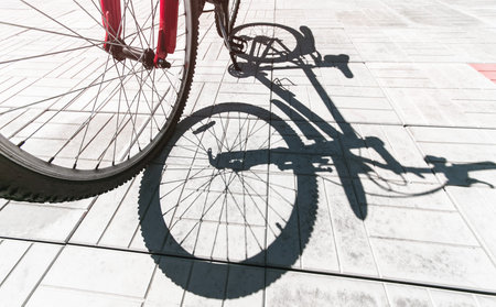 The bike and its shadow on the paving slab. Side view.