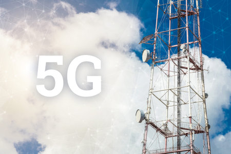 5G. smart mobile telephone radio network antenna base station on the telecommunication mast...