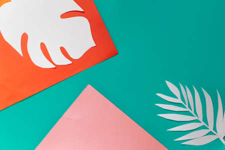 Top view on color background with sunlight and shadow of coconut leaves. travel conceptの写真素材