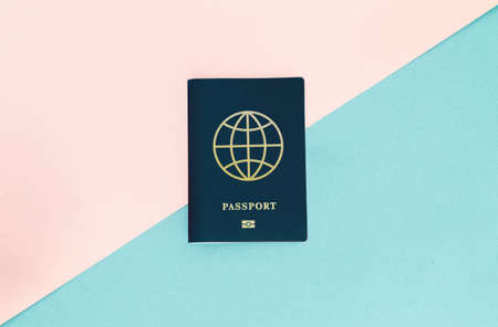 international passport in blue on pastel background in minimalism styleの写真素材