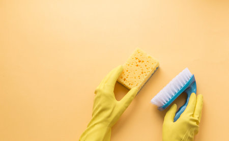 Flat lay Detergents and cleaning accessories and womens hands in rubber gloves in yellow color. Cleaning service concept. Flatlay, Top view.の写真素材