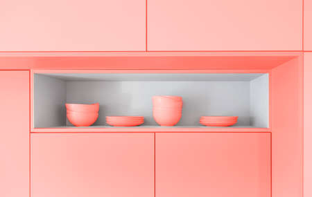 Scandinavian kitchen design. tableware. Color of the year 2019 living coral. livingcoral.の写真素材