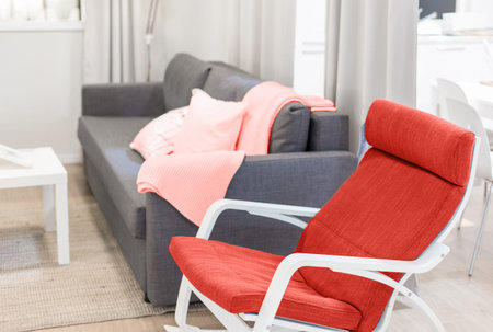 cozy minimalistic interior design in pastel colors in pink and gray. textile pillows, sofa and plaidの写真素材