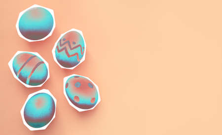 Many decorated Easter eggs as background, top view. Festive tradition. Contemporary art collage. Disco lights and rainbow color.の写真素材