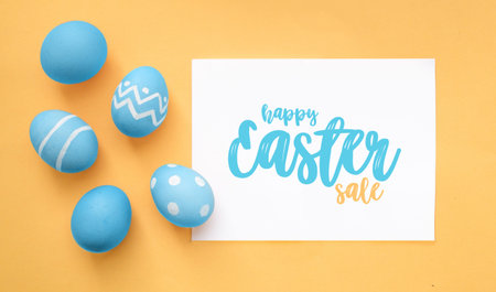 Many decorated Easter eggs as background, top view. Free place for text, baner. Festive tradition.