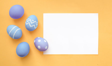 Many decorated Easter eggs as background, top view. Free place for text, baner. Festive tradition.
