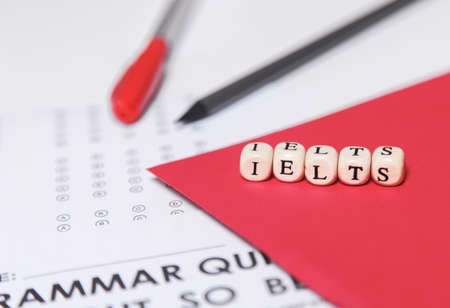 Test of English multiple choice on table. Top view, flatlay, free space for text.の写真素材