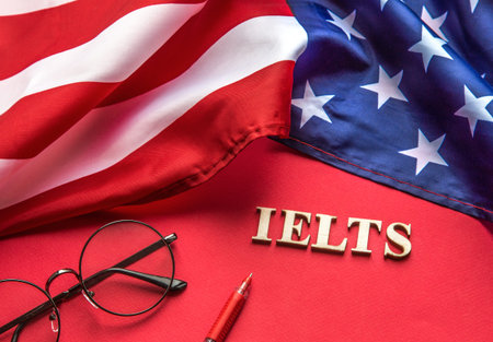 Test of English multiple choice on table. Top view, flatlay, American flag.