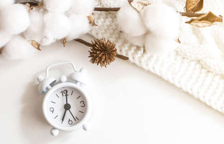 Desktop flatlay: Morning concept, alarm clock cotton branchの写真素材